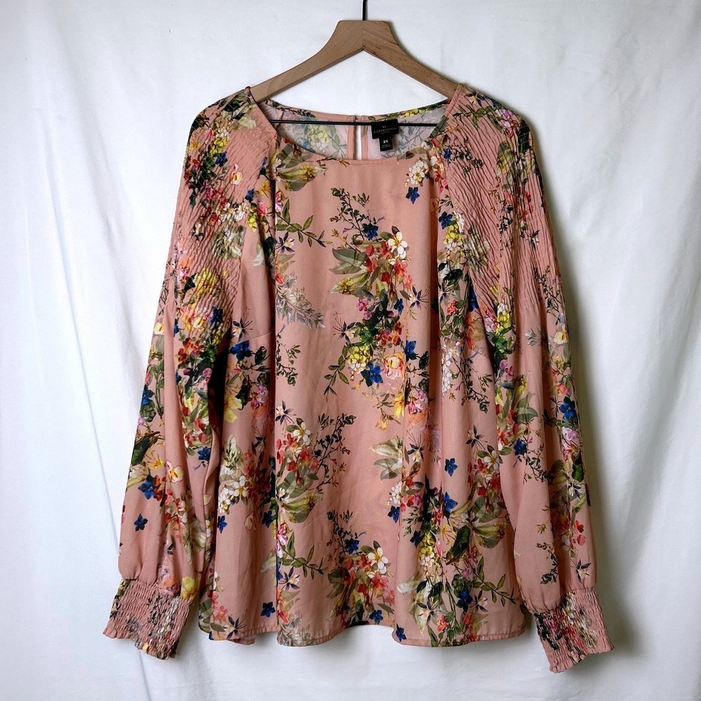 Worthington Women Floral Smocked Long Sleeve Blouse Top Size 2X Pink Cottagecore